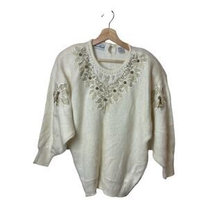 Vtg San Angelo White Floral Applique & Beading Dolman Sleeves Sweater Women's M
